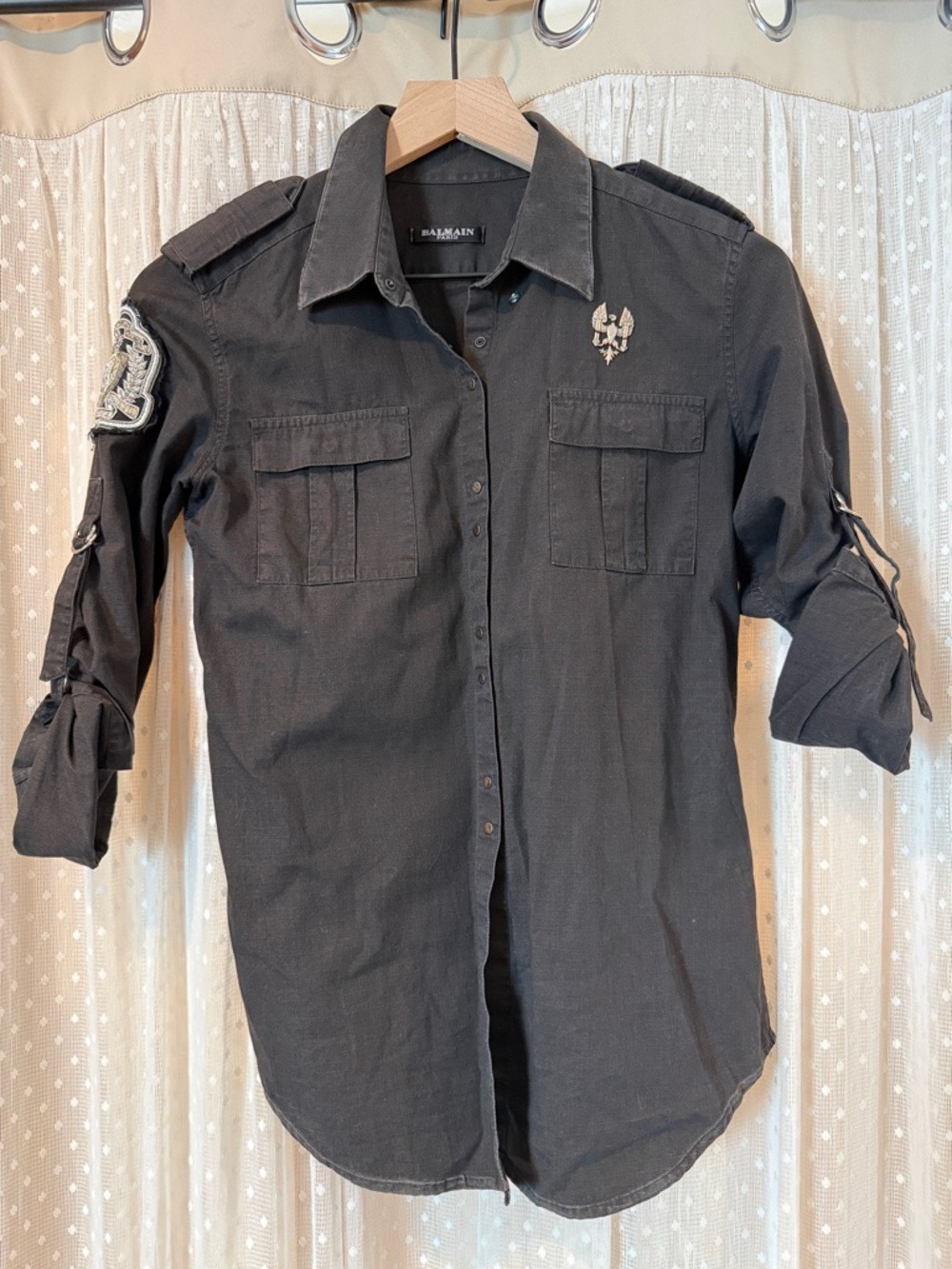 Balmain Black Military-Style Button-Down Shirt with Patch Accents